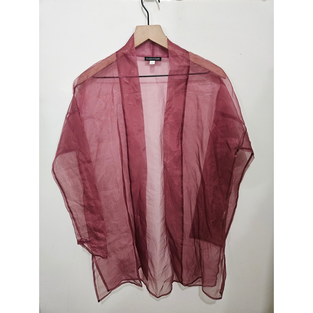 Eileen Fisher Sheer 100% Silk Organza Open Front Cardigan Burgundy Red Small